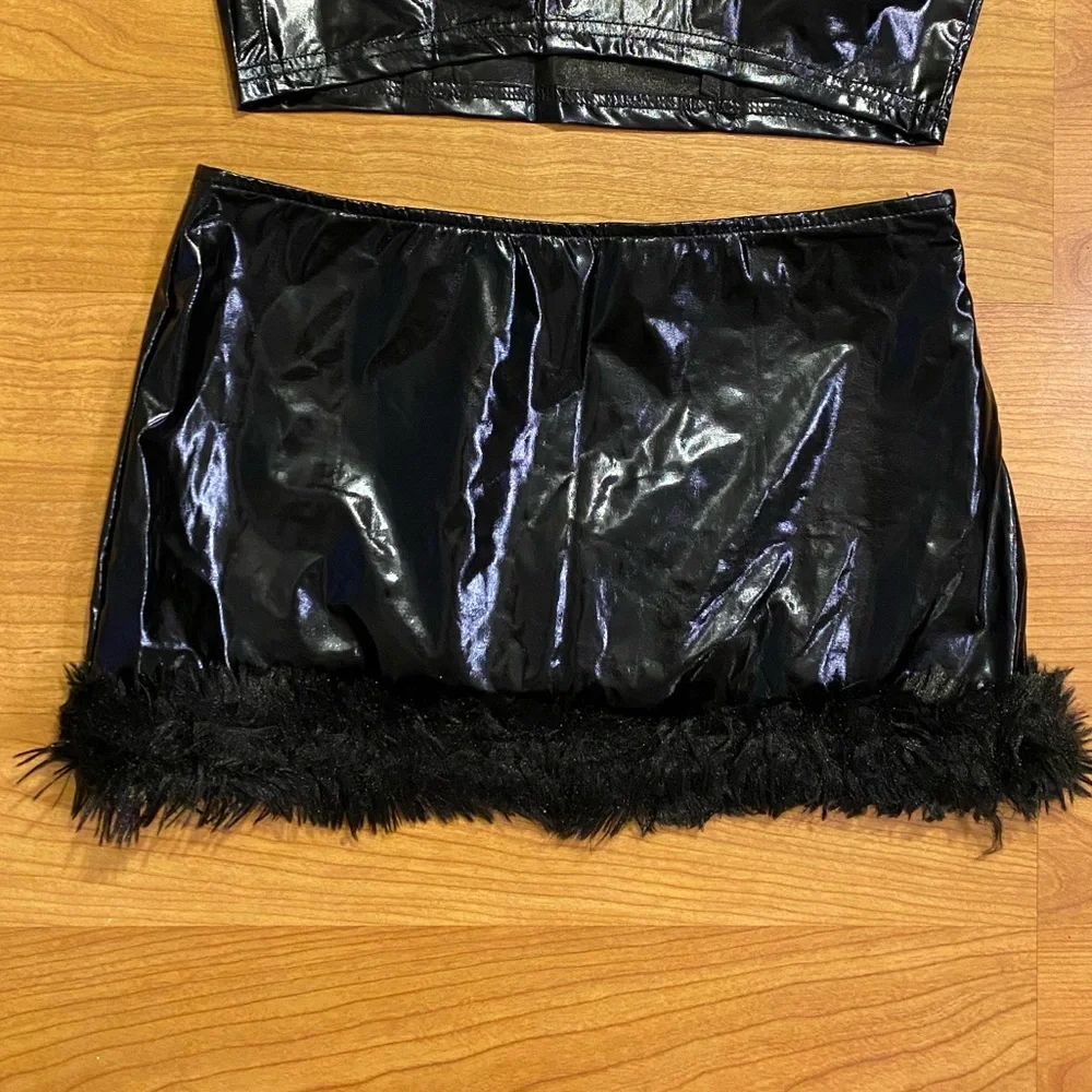 Black Faux Leather & Rhinestone Heart Bandeau Skort Set